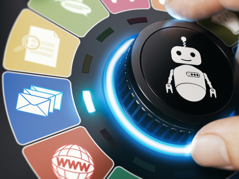 Robot de automatización de procesos coordinando tareas digitales en empresa