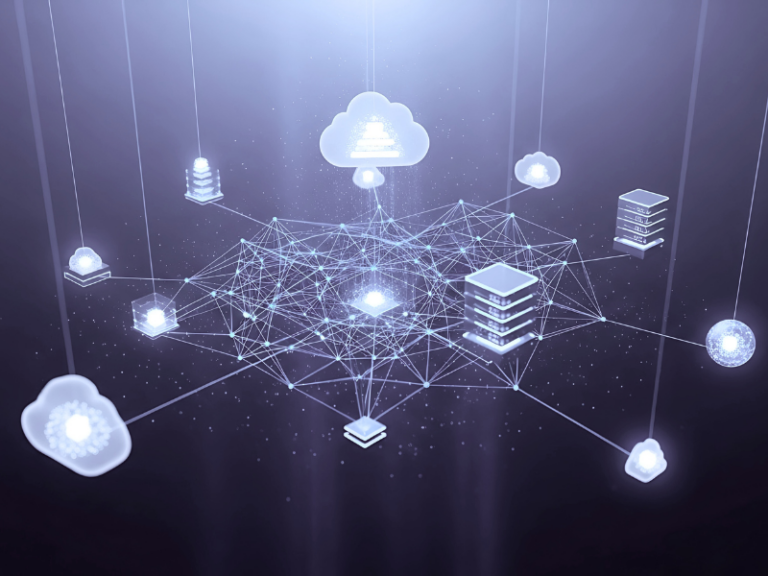 Arquitectura de integración de sistemas en la nube conectando múltiples servidores empresariales