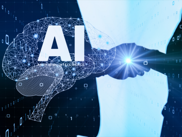 Silueta de cerebro digital de inteligencia artificial estrechando la mano con una persona, simbolizando la gobernanza de IA empresarial