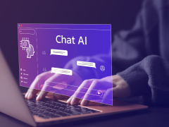 Asistentes conversacionales con IA transformando procesos empresariales en oficina moderna con dashboard inteligente y equipos colaborativos