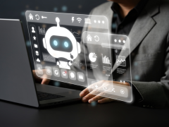 Ejecutivo interactuando con interfaz holografica de asistente de inteligencia artificial en la empresa