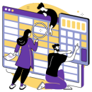 Ilustración de personas interactuando con pantallas de datos y hojas de cálculo, representa la generación automatizada de documentos internos operacionales y de apoyo a procesos mediante DocJet.app